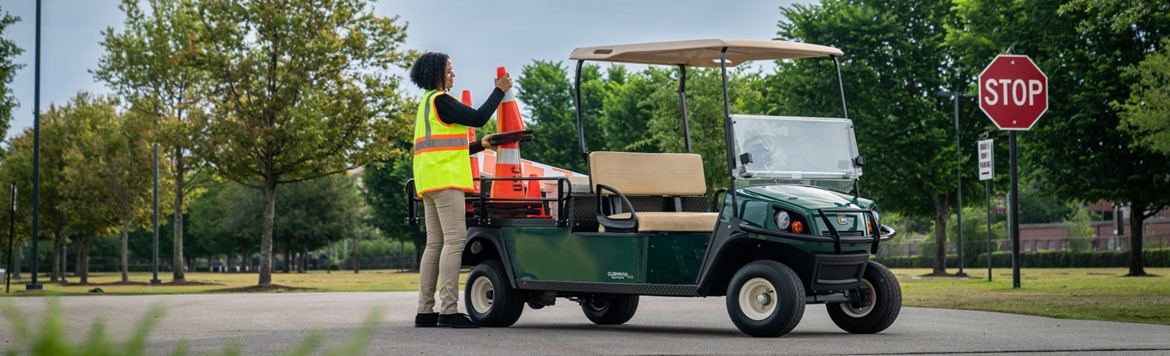 Lady wearing hi-vis work vest loading traffic cones on to the extended bed of a green Cushman Shuttle golf cart. 